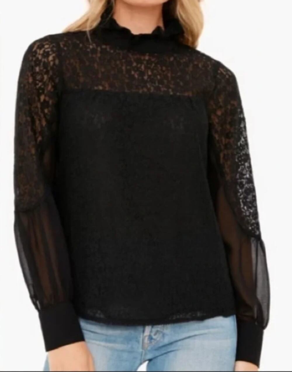Tuckernuck Lace High Neck Sheer Balloon Sleeve Blouse Sheer Black Size Small